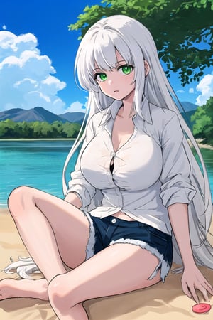 high quality
16 year old girl
long white hair
albino
green eyes
big breasts
yellow button-down shirt

barefoot
sitting in the sand
blue sky
next to a lake
