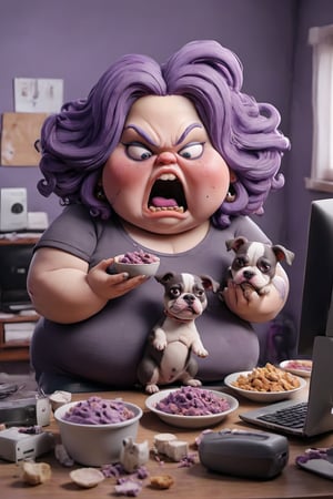 high quality
obese woman
ugly purple hair
with dogs
rabid
eating

in a room with a computer