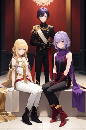 a brown octagonal tile floor
light blue walls
a girl with short purple hair with a black line
gold eyes
a white tunic with a purple scarf
a blonde boy with long hair
braided
red wine eyes
black sleeveless shirt, long gloves, loose black pants with boots

the two of them sitting on the floor