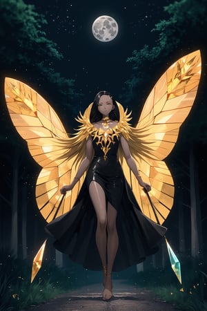 high quality
 serious feminine
 25 years
Long blonde hair, green eyes, white skin.

man long black hair
brown skin
black eyes

golden dress a gold chain around the neck
a crystal horn on the forehead
big red butterfly wings
walking
barefoot

In the middle of a forest, full moon night, INVERTED VERTICAL MONTAGE