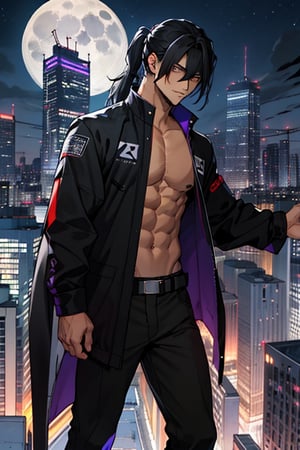 
high quality
20 years

man
long black hair tied in a ponytail, long bangs covering his left eye, brown eyes, black complexion, height 1:70
musculature
no shirt, purple pants   

futuristic city of tall buildings
 at night, full moon
aerial view 

lively