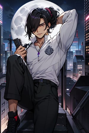 
high quality
20 years

man
long black hair tied in a ponytail, long bangs covering his left eye, brown eyes, black complexion, height 1:70
musculature
no shirt, purple pants   

futuristic city of tall buildings
 at night, full moon
aerial view 

lively