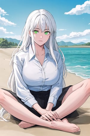 high quality
16 year old girl
long white hair
albino
green eyes
big breasts
yellow button-down shirt

barefoot
sitting in the sand
blue sky
next to a lake
