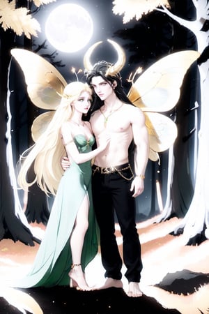 high quality
 serious feminine
 25 years
Long blonde hair, green eyes, white skin.

next to a

22 year old man long black hair
White skin
gold eyes
shirtless
gray pants

golden dress a gold chain around the neck
a crystal horn on the forehead
big red butterfly wings
walking
barefoot

In the middle of a forest, full moon night, INVERTED VERTICAL MONTAGE