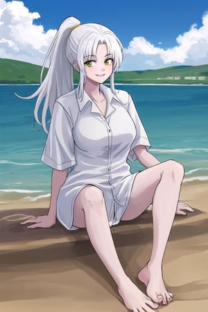 high quality
2 characters
smiling
male boy 16 years old
long white hair in ponytail
Red eyes
White shirt
black bermuda

16 year old girl
long loose white hair
albino
green eyes
big breasts
yellow button shirt

barefoot
sitting in the sand
blue sky
next to a lake