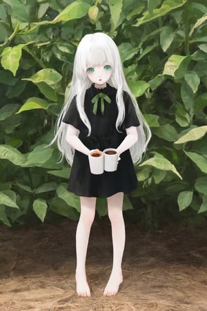 high quality
8 year old girl
albino
long white hair
pronounced nose

green cat eyes
black collar dress
barefoot

on a coffee farm