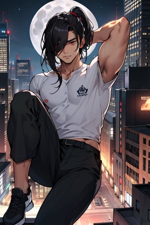 
high quality
20 years

man
long black hair tied in a ponytail, long bangs covering his left eye, brown eyes, black complexion, height 1:70
musculature
no shirt, purple pants   

futuristic city of tall buildings
 at night, full moon
aerial view 

lively