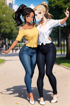 brunette woman
long hair in ponytail
gold blouse, jeans, white shoes
dancing
 in a park
anime