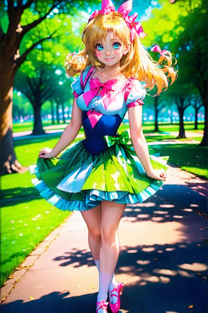 17 years
women
 smiling
big breasts
blonde hair
 below the shoulders tied with a pink ribbon
blue eyes
 White skin
green tutu skirt dress
walking

a park