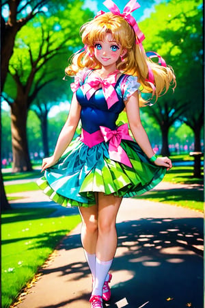 17 years
women
 smiling
big breasts
blonde hair
 below the shoulders tied with a pink ribbon
blue eyes
 White skin
green tutu skirt dress
walking

a park