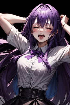 high quality
scared woman screaming
long purple hair
closed eyes
purple shirt