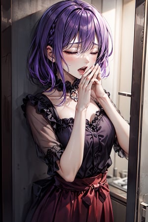 ink,horror nice, high quality
short medium shot
lonely young screaming,
with hands touching face
purple hair, closed eyes, brown skin, busty
purple blouse