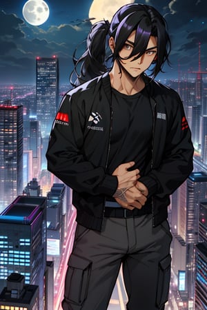 
high quality
20 years

man
long black hair tied in a ponytail, long bangs covering his left eye, brown eyes, black complexion, height 1:70
musculature
no shirt, purple pants   

futuristic city of tall buildings
 at night, full moon
aerial view 

lively