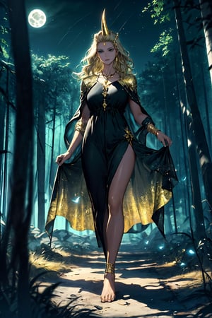 high quality
 serious feminine
 25 years
Long blonde hair, green eyes, white skin.

next to a

man long black hair
brown skin
black eyes

golden dress a gold chain around the neck
a crystal horn on the forehead
big red butterfly wings
walking
barefoot

In the middle of a forest, full moon night, INVERTED VERTICAL MONTAGE