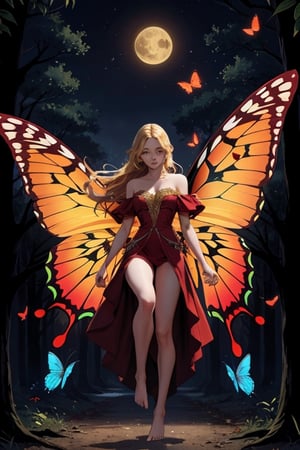 HIGH QUALITY
very red butterfly wings
long blond hair

Golden dress
barefoot

forest