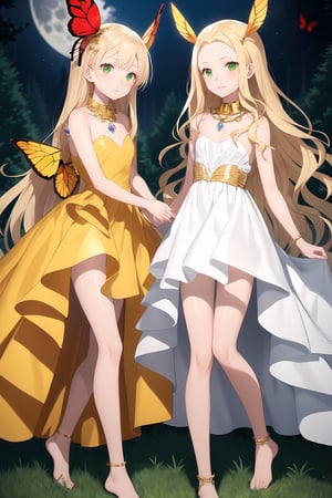 high quality
high quality
 serious feminine
Long blonde hair, green eyes, white skin.
golden dress a gold chain around the neck
a crystal horn
red butterfly wings
barefoot


In the middle of a forest, full moon night