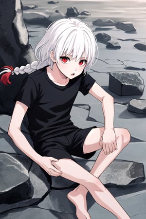 high quality
young albino 8 years old
long white hair in a braid
Red eyes
Dark brown long shirt black Bermuda shorts
barefoot
Stone city