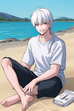 high quality
young albino 16 years old
smiling
long white hair in ponytail
Red eyes
Long white bermuda blue shirt
barefoot
sitting in the sand
blue sky
next to a lake