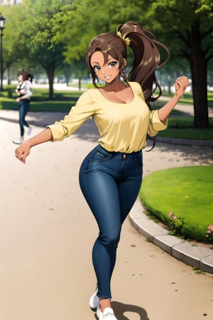 brunette woman
long hair in ponytail
gold blouse, jeans, white shoes
dancing
 in a park
anime