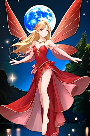 HIGH QUALITY
25 years
blonde
a red winged fairy
Golden dress
barefoot
at full moon night
