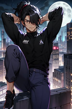 
high quality
20 years

man
long black hair tied in a ponytail, long bangs covering his left eye, brown eyes, black complexion, height 1:70
musculature
no shirt, purple pants   

futuristic city of tall buildings
 at night, full moon
aerial view 

lively