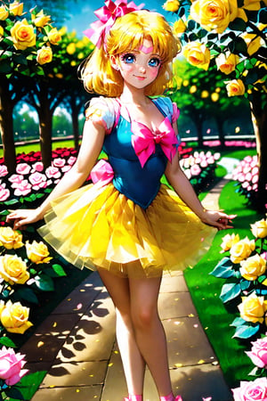 17 years
women
 smiling
big breasts
blonde hair
 below the shoulders tied with a pink ribbon
blue eyes
 White skin
yellow tutu
dance
rose Garden