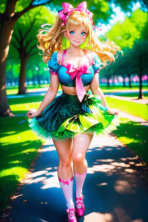 17 years
women
 smiling
big breasts
blonde hair
 below the shoulders tied with a pink ribbon
blue eyes
 White skin
green tutu skirt dress
walking

a park