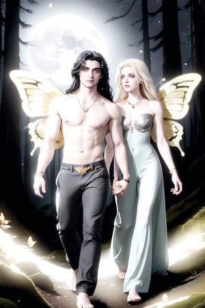 high quality
 serious feminine
 25 years
Long blonde hair, green eyes, white skin, big red butterfly wings

next to a

22 year old man long black hair
White skin
gold eyes
shirtless
gray pants
silver necklace

golden dress a gold chain around the neck
a crystal horn on the forehead

walking
barefoot

In the middle of a forest, full moon night, INVERTED VERTICAL MONTAGE

