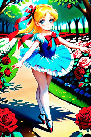 17 years
blond hair
 below the shoulders tied with a red ribbon
blue eyes
 White skin
blue tutu
dancing
rose Garden