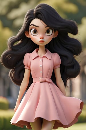 high quality
black hair woman
pink dress
many moles
walking
a park