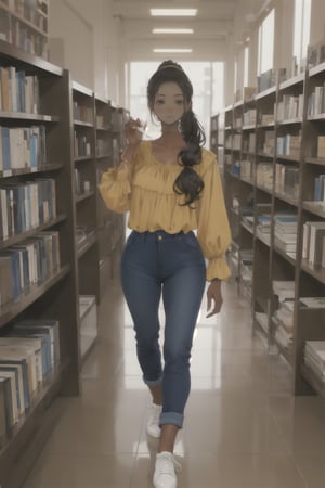 brunette woman
long hair in ponytail
gold blouse, denim pants, white shoes

writing in a glass library