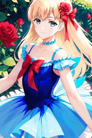 blond hair
 below the shoulders tied with a red ribbon
blue eyes
 White skin
blue tutu
rose Garden,aavenus