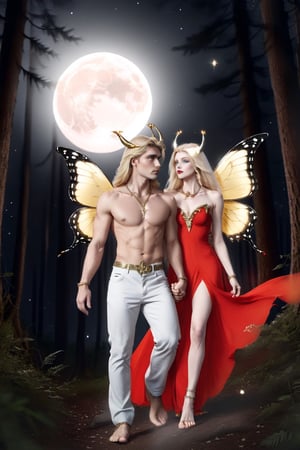 high quality
 serious feminine
 25 years
Long blonde hair, green eyes, white skin.

next to a

22 year old man long black hair
White skin
gold eyes
shirtless
gray pants

golden dress a gold chain around the neck
a crystal horn on the forehead
big red butterfly wings
walking
barefoot

In the middle of a forest, full moon night, INVERTED VERTICAL MONTAGE