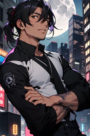 
high quality
20 years

man
long black hair tied in a ponytail, long bangs covering his left eye, brown eyes, black complexion, height 1:70
musculature
no shirt, purple pants   

futuristic city of tall buildings
 at night, full moon
aerial view 

lively