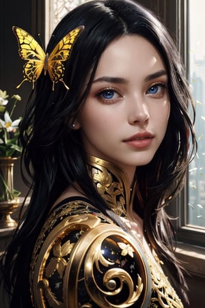 8k portrait of beautiful cyborg with black hair, intricate, elegant, highly detailed, majestic, digital photography, art by artgerm and ruan jia and greg rutkowski surreal painting gold butterfly filigree, broken glass, (masterpiece, sidelighting, finely detailed beautiful eyes: 1.2), hdr, (detailed background window to a new dimension, plants and flowers:0.7)  infinity, infinite symbol,