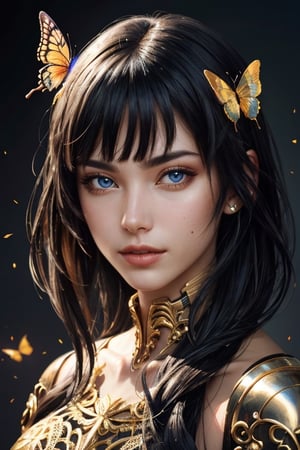 8k portrait of beautiful cyborg with black hair, intricate, elegant, highly detailed, majestic, digital photography, art by artgerm and ruan jia and greg rutkowski surreal painting gold butterfly filigree, broken glass, (masterpiece, sidelighting, finely detailed beautiful eyes: 1.2), blunt bangs hdr, (detailed background window to a new dimension, plants and flowers:0.7)  infinity, infinite symbol,