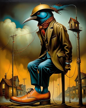 Neon noir  in the style of esao andrews,esao andrews style,esao andrews art,esao andrewsa painting of a bird sitting on a shoe, anton semenov, by Alexander Kucharsky, mark brooks and brad kunkle, surrealist conceptual art, by John Moonan, surreal art, shaun tan and peter mohrbacher, by Brian Despain, jacek yerka and vladimir kush, by Artur Tarnowski, emotional surrealist art in the style of esao andrews, esao andrews . Cyberpunk, dark, rainy streets, neon signs, high contrast, low light, vibrant, highly detailed, in the style of esao andrews
