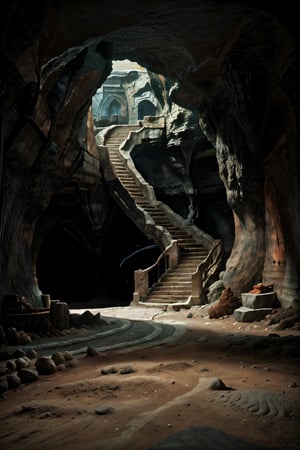  beautiful woman stands in the middle ll and empty cave, with strange-shaped stones, stone steps, and stone houses, 
