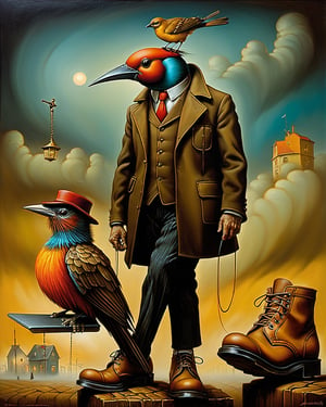 Neon noir  in the style of esao andrews,esao andrews style,esao andrews art,esao andrewsa painting of a bird sitting on a shoe, anton semenov, by Alexander Kucharsky, mark brooks and brad kunkle, surrealist conceptual art, by John Moonan, surreal art, shaun tan and peter mohrbacher, by Brian Despain, jacek yerka and vladimir kush, by Artur Tarnowski, emotional surrealist art in the style of esao andrews, esao andrews . Cyberpunk, dark, rainy streets, neon signs, high contrast, low light, vibrant, highly detailed, in the style of esao andrews