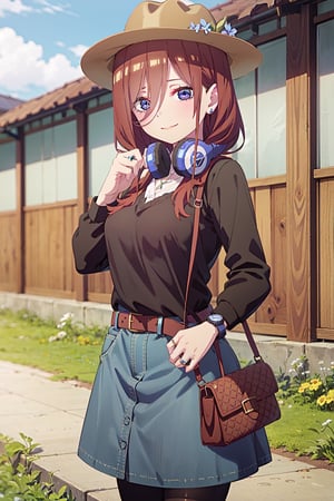 (masterpiece), best quality, illustration, beautiful detailed hair, detailed headphones, beautiful detailed eyes, blue iris, (Nakano Miku:1.2), shy, introverted, intelligent, history lover, (cowgirl outfit:1.1), white shirt, blue jeans, brown belt, silver buckle, brown boots, (ranch:1.1), barn, fence, hay, horse, (closeup), smiling softly, holding a history book, wearing a cowboy hat, dress, earrings, handbag, heels, necklace, ring, watch