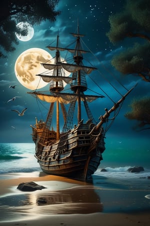 Ultra Close-up portrait, an old and large pirate  ghost ship, abandoned and stranded in the waters of a deserted and wild beach at night with a large moon illuminating and reflecting in the sea, rocks and trees around, seagulls and birds flying, the ship is worn out by time and covered in vegetation, atmosphere of fantasy, mystery and dream, dramatic lighting, perfect framing of the image, film poster style, oil painting, vintage photo style, van gogh style, caravagio, Greg Rutkowski style