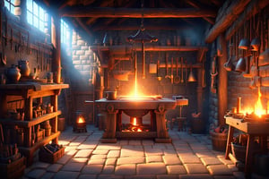Blacksmith shop scene, highly detailed, medieval era, glowing forge, tools hanging on walls, anvil and hammer, warm lighting, rustic and rugged atmosphere, atmospheric smoke, intricate textures, realistic, 4K quality, fantasy elements