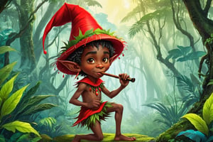 black african child
, Brazilian indigenous culture, one-legged mischievous elf, wearing a red conical hat, with a pipe in his mouth, vibrant colors, detailed character design, folklore illustration, mystical forest background