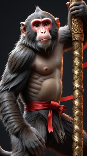 A dynamic digital illustration depicts an intense scene of a mythological monkey character in an action-oriented pose, possibly inspired by traditional Chinese art. The central figure, a humanoid monkey with thick, wild brown fur, has a fierce expression with narrowed eyes and bared teeth, exuding determination and power. Its face is prominently featured, showing exaggerated features such as a prominent forehead, large ears, and a pointed nose. The monkey wears ornate golden armor with intricate designs, including elaborate scrollwork, swirling patterns, and a prominent shoulder plate depicting a lion's face. The armor covers most of its torso and shoulders, emphasizing its warrior-like appearance. The monkey's right hand grips a vertical metallic pole with both fingers, while its left hand clasps a bright red ribbon flowing around it. The pole extends diagonally from the bottom right to the top left of the frame, with the monkey's muscular, fleshy arms gripping it tightly. Vibrant red ribbons in mid-air add a sense of movement and intensity to the scene, weaving through the composition and contrasting with the dark background. Flowing white cloaks or robes with subtle folds drapes over the monkey's fur, enhancing the dramatic effect. The background showcases a cloudy sky with soft, fluffy white clouds against a dark gray to black gradient, creating a stark contrast that emphasizes the central figure's vivid colors and intense mood. The lighting is bright and even, highlighting the textures and details of the fur, armor, and metallic pole, while casting soft shadows that enhance the three-dimensional quality of the illustration. The overall color palette includes warm tones like browns, golds, and reds, with high contrast between the bright elements and the darker background, contributing to the epic and heroic atmosphere of this 3D-rendered illustration., ultra hd, realistic, vivid colors, highly detailed, UHD drawing, pen and ink, perfect composition, beautiful detailed intricate insanely detailed octane render trending on artstation, 8k artistic photography, photorealistic concept art, soft natural volumetric cinematic perfect light