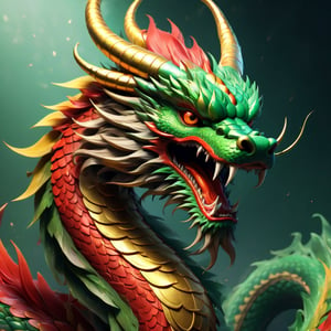 A dynamic digital illustration features a powerful and majestic Chinese dragon in an intense, action-oriented pose, inspired by traditional Chinese art. The dragon's serpentine body coils through the composition with fluid grace, its scales shimmering with intricate details of gold, red, and green. The dragon's fierce expression, with glowing eyes and bared fangs, exudes an aura of ancient wisdom and unstoppable power. Its face is adorned with long, flowing whiskers and sharp, curved horns that emphasize its mythical nature. The dragon's claws, sharp and menacing, are outstretched as if ready to grasp or strike. Flowing red and gold ribbons weave around the dragon, adding a sense of movement and intensity to the scene. The background is simple and minimalistic, featuring a solid color or a subtle gradient, ensuring easy removal or editing. The lighting is bright and focused, highlighting the dragon's scales, claws, and whiskers, while casting soft shadows that enhance the three-dimensional quality of the illustration. The overall color palette includes rich tones like deep reds, golds, and greens, with high contrast between the vibrant elements and the simpler background, contributing to the awe-inspiring and heroic mood of this 3D-rendered illustration. Ultra HD, realistic, vivid colors, highly detailed, UHD drawing, pen and ink, perfect composition, beautifully detailed, intricate, insanely detailed octane render trending on ArtStation, 8k artistic photography, photorealistic concept art, soft natural volumetric cinematic perfect light.