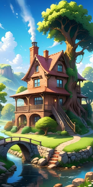 //quality, (masterpiece:1.4), (detailed), ((,best quality,)),//Anime style illustration of a ranch style house in a fantasy landscape, river,chimney, brick house, porch, magic tree, meadow