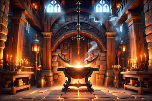 Symmetrical composition, Elegant blacksmith forge, highly detailed, medieval era, refined and sophisticated atmosphere, glowing forge, meticulously arranged tools, ornate anvil and hammer, soft warm lighting, clean and organized, atmospheric smoke, intricate textures, realistic, 4K quality, noble and dignified, polished wooden beams, stone walls, exquisite craftsmanship