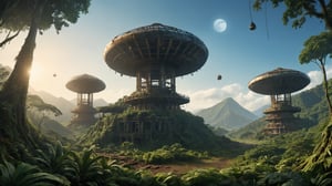 Award-winning panoramic shot of a long-abandoned alien outpost, camouflaged amidst the lush foliage of a dense jungle. The sun casts a warm glow on the rusting metal and overgrown vegetation as it rises high in the clear blue sky. In the distance, the mountainous horizon stretches out, with the dual moons hanging low like giant lanterns. The outpost's imposing structure stands tall, its once-state-of-the-art technology now reclaimed by nature's relentless march.
