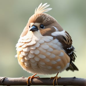 solo, simple transparent background, Square-shaped , gutterbird
 characters, Dark brown feathers, bird face, Large black round spots on cheeks, fat, Squatting, detailed feathers, brown and beige hues, delicate beak, perched on a twig, natural lighting