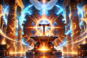Symmetrical composition, The forge of Hephaestus, ancient Greek god of blacksmithing, grand and majestic, highly detailed, ancient Greek architecture, massive glowing forge, divine tools and weapons, ornate anvil and hammer, ethereal lighting, mythological atmosphere, atmospheric smoke and sparks, intricate textures, realistic, 4K quality, epic scale, celestial elements, marble columns, godly presence